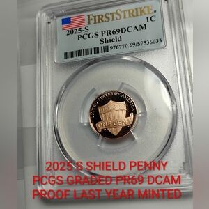 ✅♥️2025 S SHIELD PENNY PCGS GRADED PR69 DCAM PROOF 🎄🎄🎄🎄👌